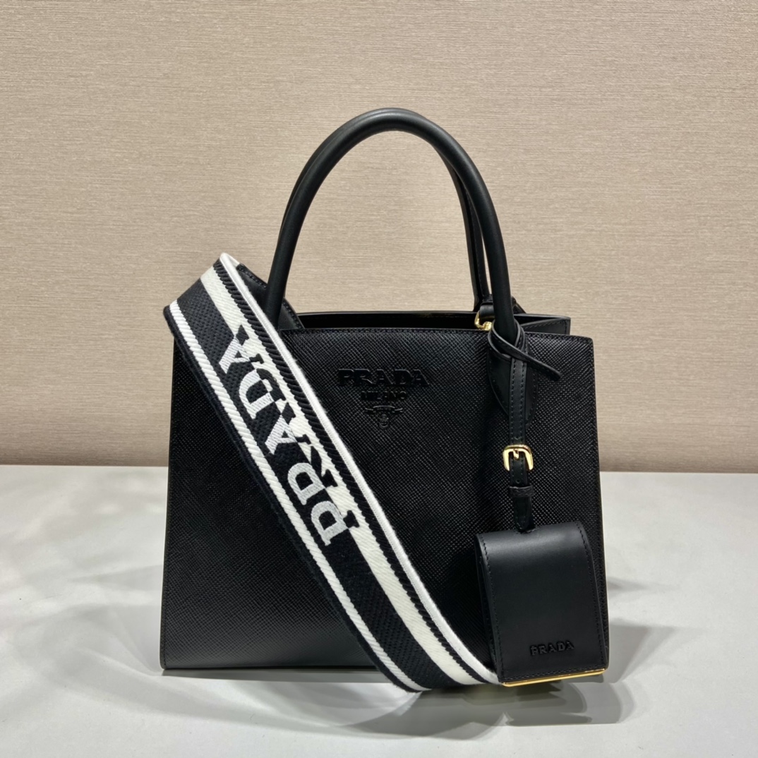 Prada Saffiano Leather Handbag Bag Tote Black 1BA156